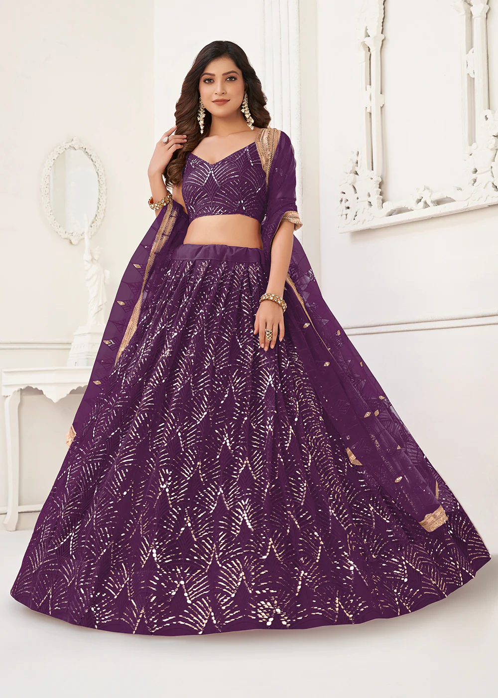 Embroidered Net Dark Purple Sangeet & Wedding Wear Lehenga Choli - Image 4