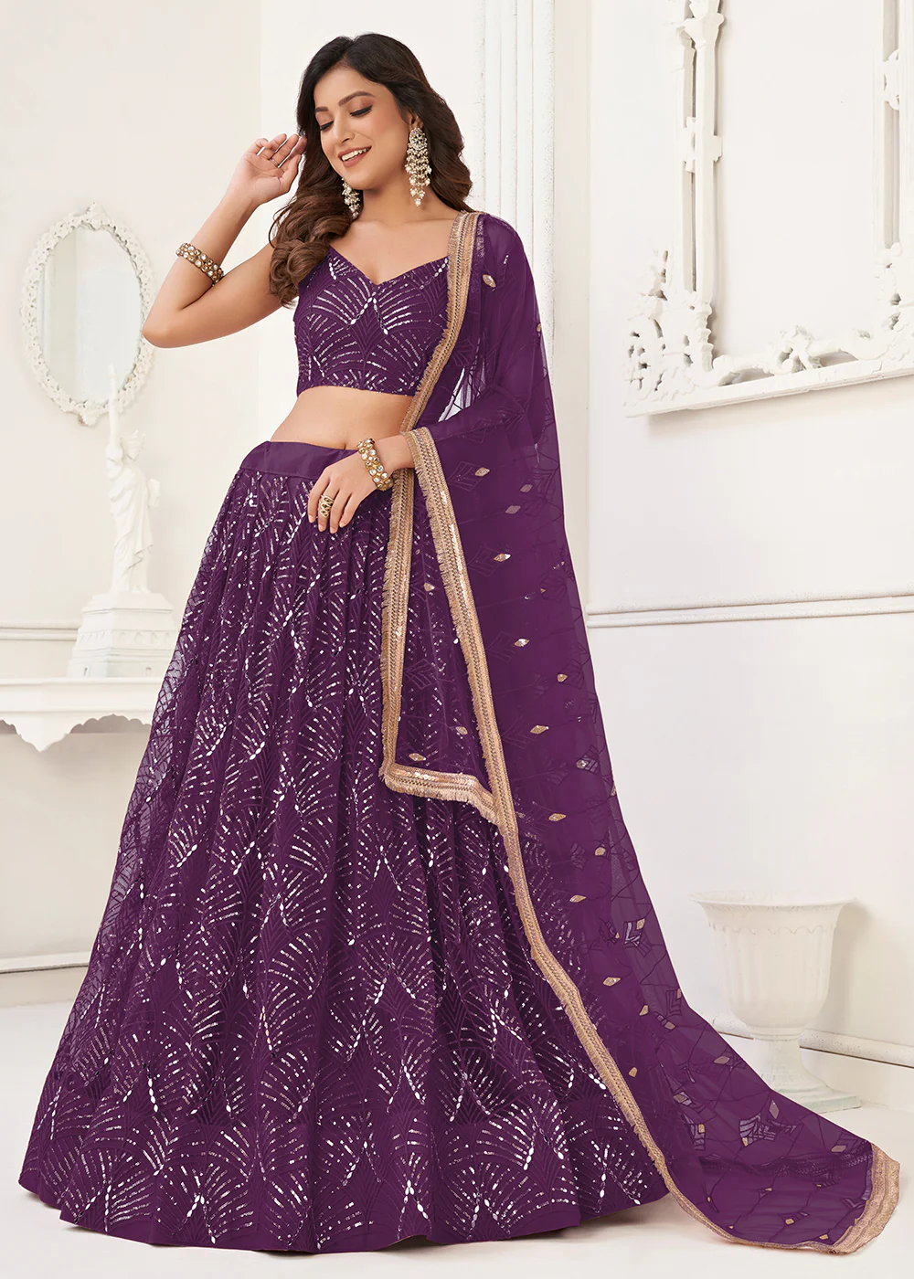 Embroidered Net Dark Purple Sangeet & Wedding Wear Lehenga Choli - Image 5
