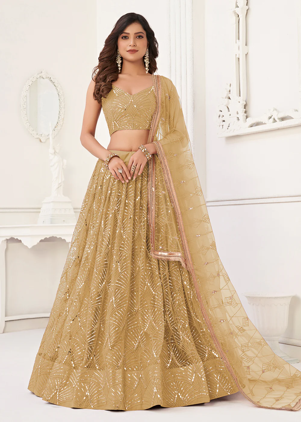 Embroidered Net Gold Beige Sangeet & Wedding Wear Lehenga Choli