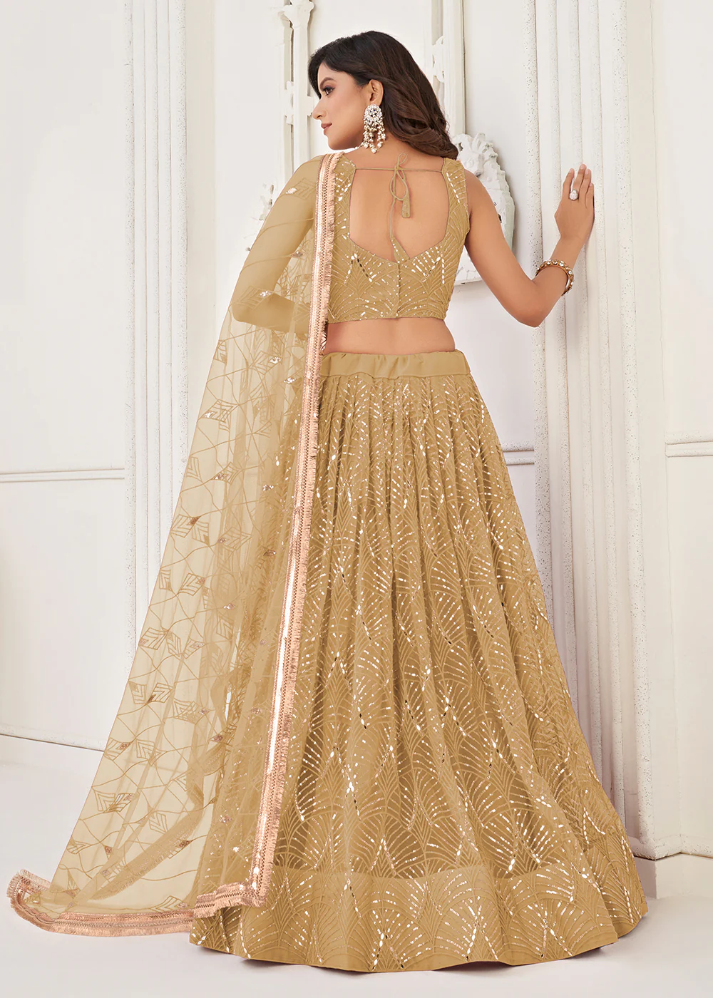Embroidered Net Gold Beige Sangeet & Wedding Wear Lehenga Choli - Image 3
