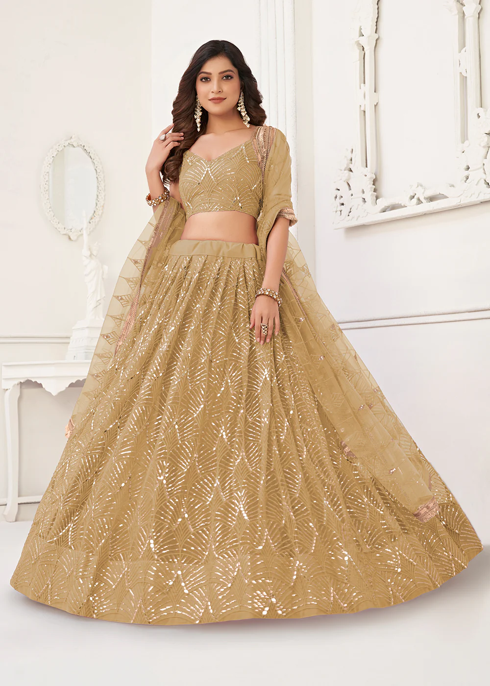 Embroidered Net Gold Beige Sangeet & Wedding Wear Lehenga Choli - Image 4