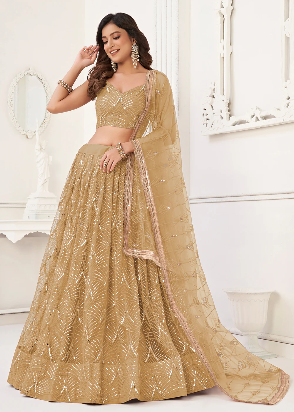 Embroidered Net Gold Beige Sangeet & Wedding Wear Lehenga Choli - Image 5