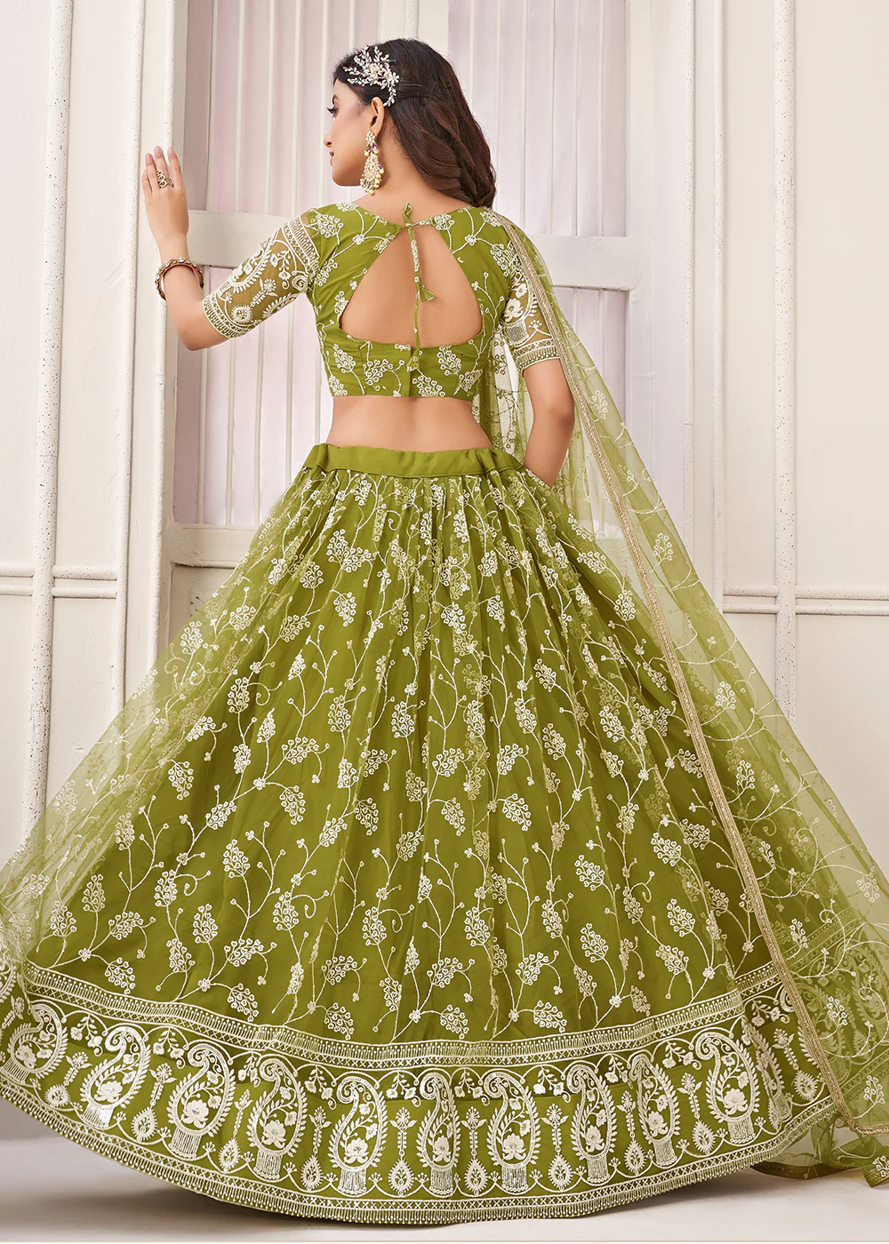 Embroidered Net Green Mehndi & Wedding Wear Lehenga Choli - Image 3