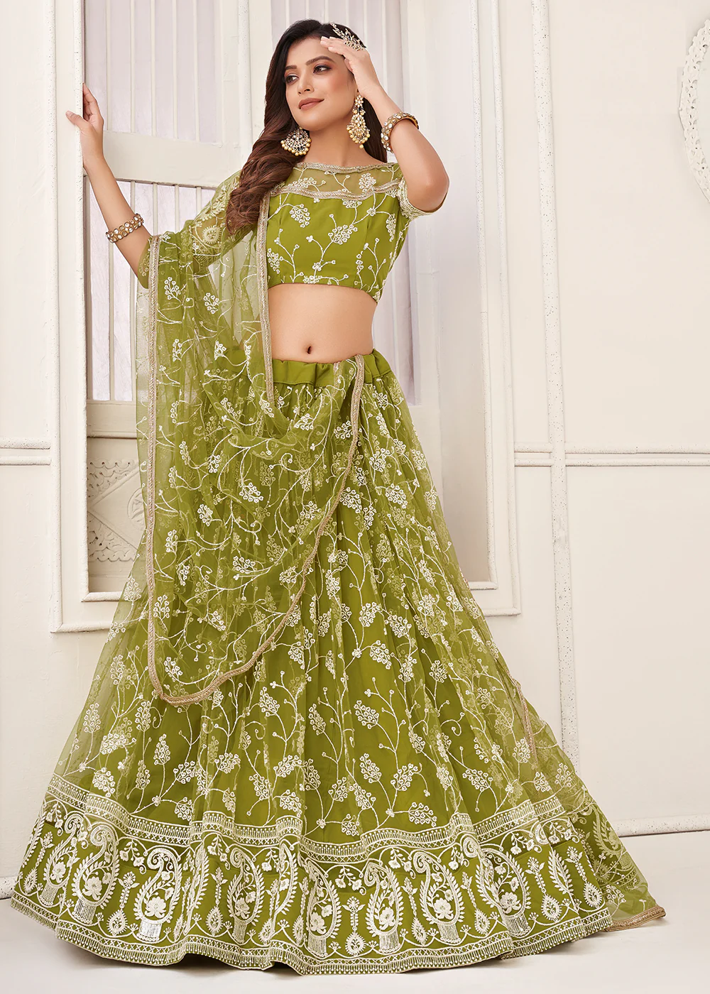 Embroidered Net Green Mehndi & Wedding Wear Lehenga Choli - Image 4