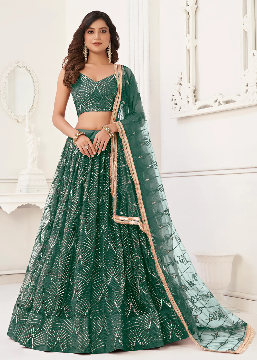 Embroidered Net Green Sangeet & Wedding Wear Lehenga Choli