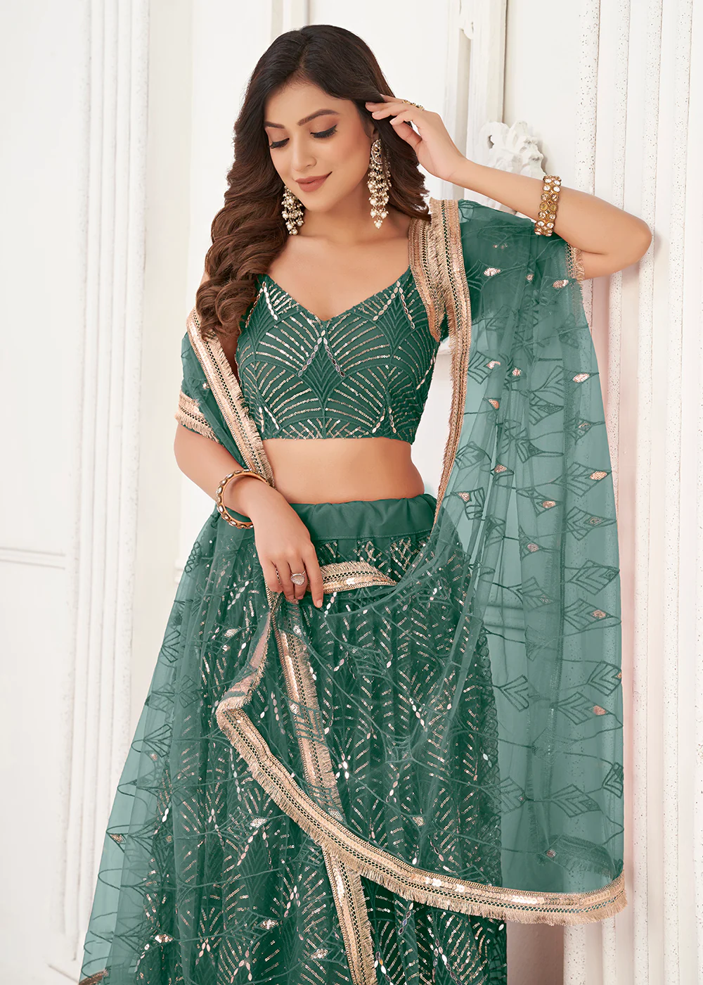 Embroidered Net Green Sangeet & Wedding Wear Lehenga Choli - Image 2