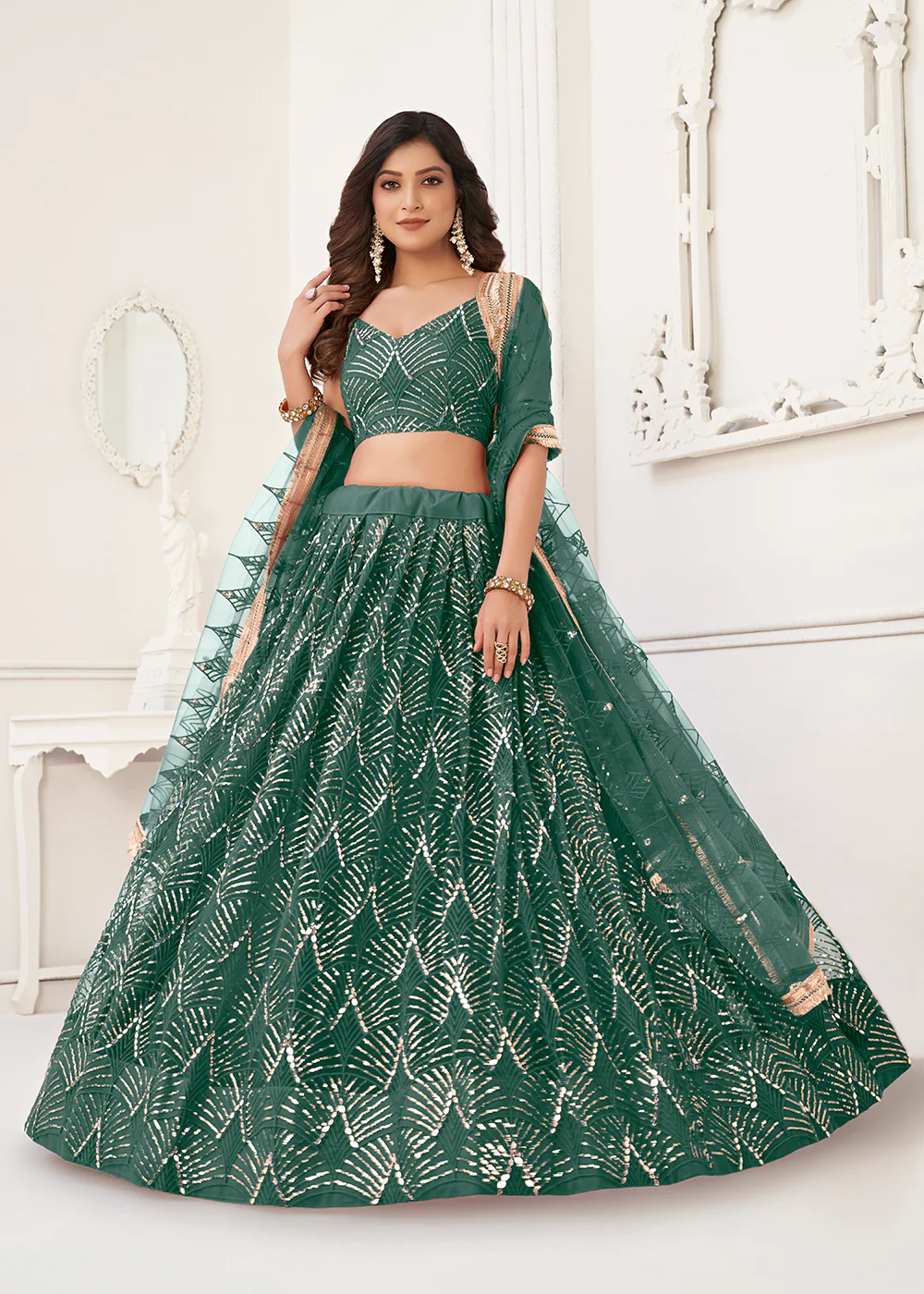 Embroidered Net Green Sangeet & Wedding Wear Lehenga Choli - Image 4