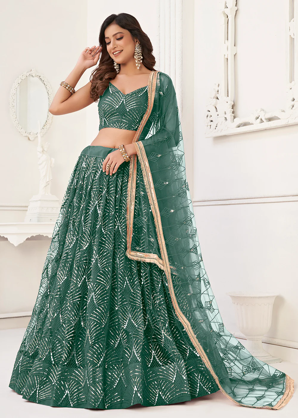 Embroidered Net Green Sangeet & Wedding Wear Lehenga Choli - Image 5