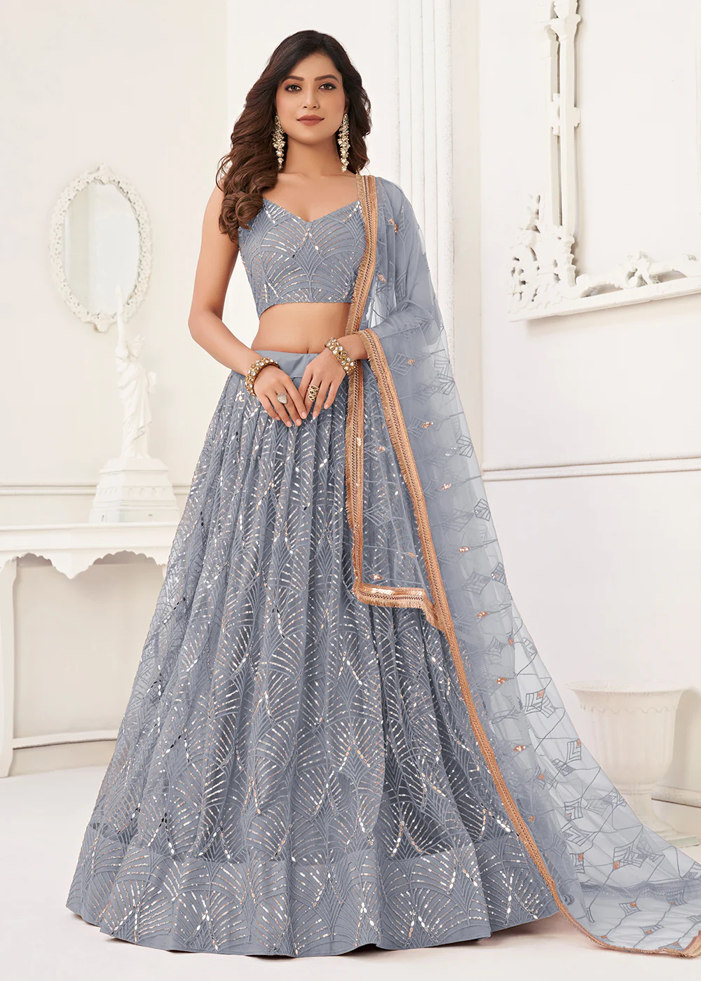 Embroidered Net Grey Sangeet & Wedding Wear Lehenga Choli