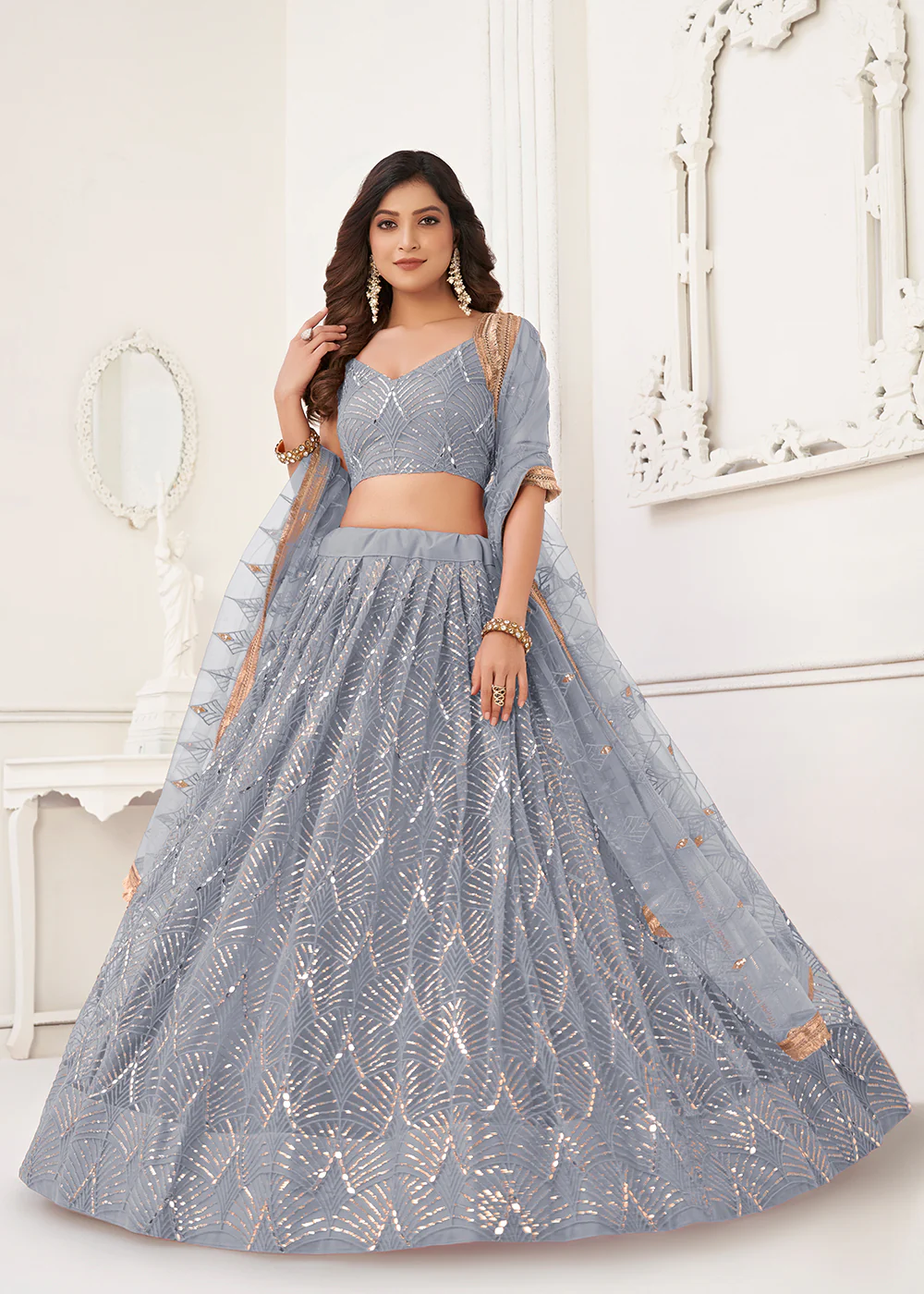 Embroidered Net Grey Sangeet & Wedding Wear Lehenga Choli - Image 4