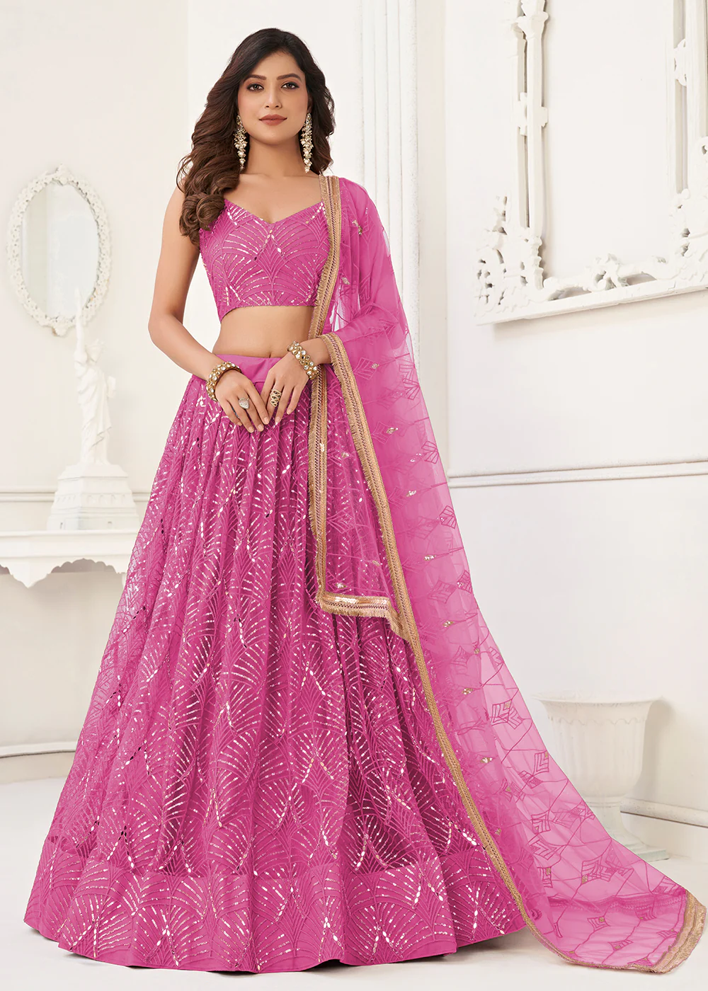 Embroidered Net Magenta Pink Sangeet & Wedding Wear Lehenga Choli