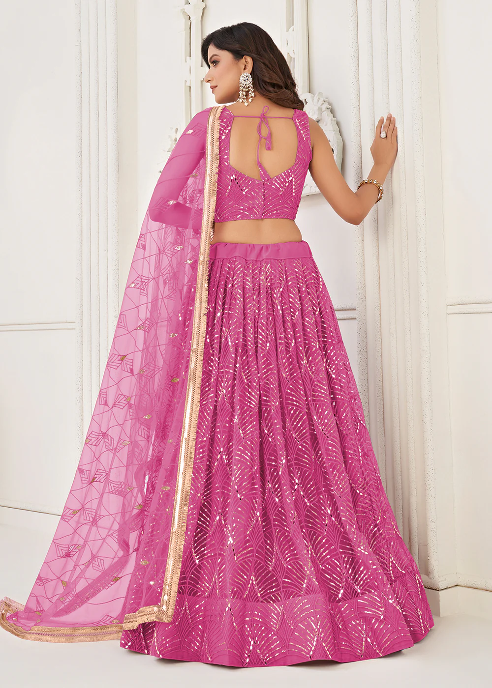 Embroidered Net Magenta Pink Sangeet & Wedding Wear Lehenga Choli - Image 3