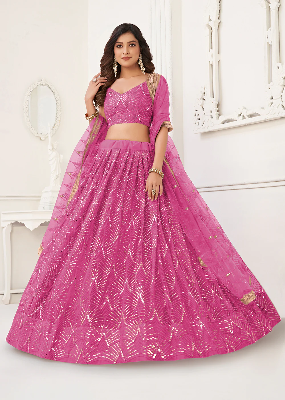 Embroidered Net Magenta Pink Sangeet & Wedding Wear Lehenga Choli - Image 4