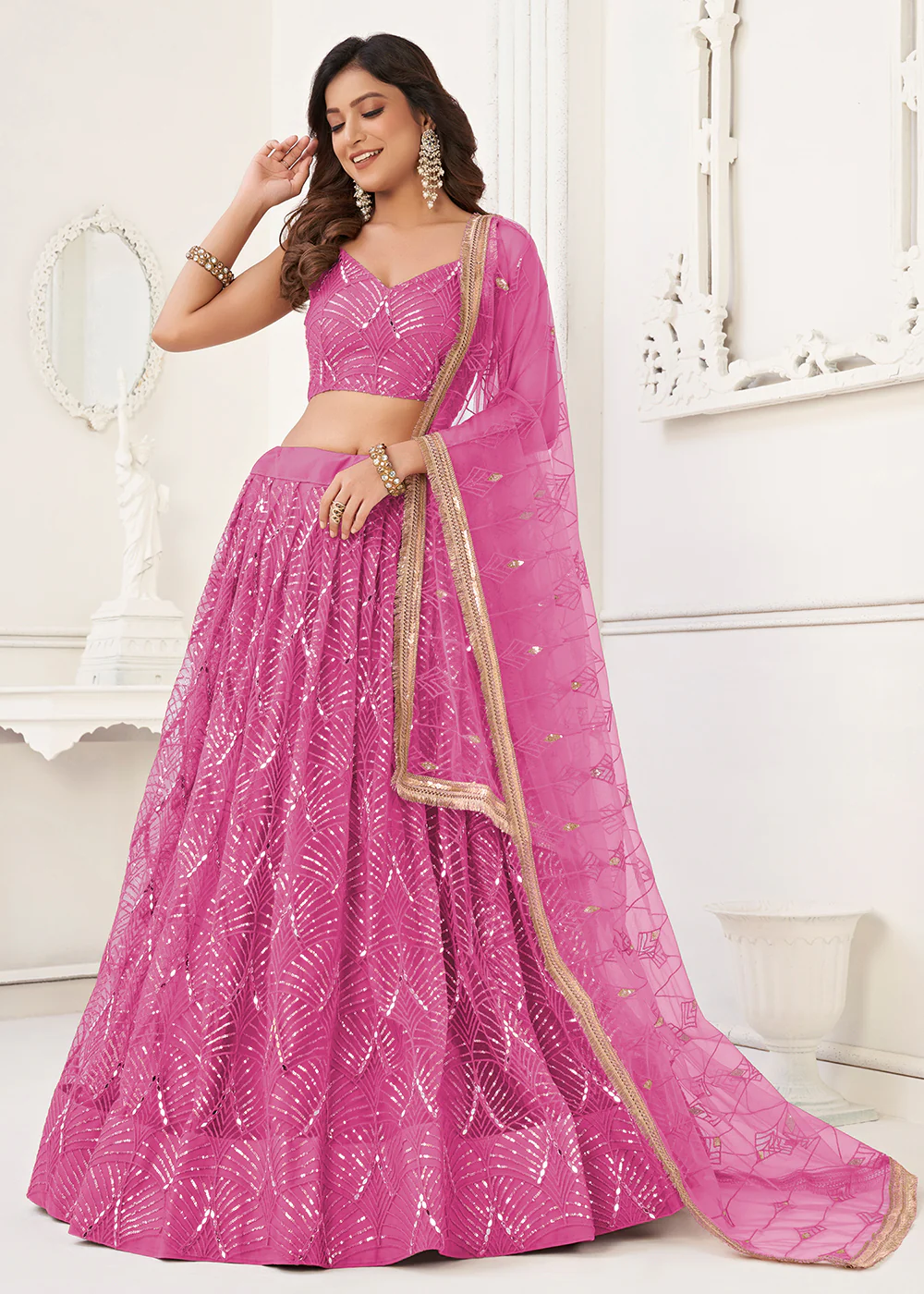 Embroidered Net Magenta Pink Sangeet & Wedding Wear Lehenga Choli - Image 5