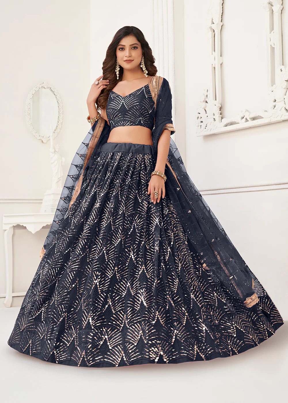Embroidered Net Midnight Blue Sangeet & Wedding Wear Lehenga Choli - Image 4