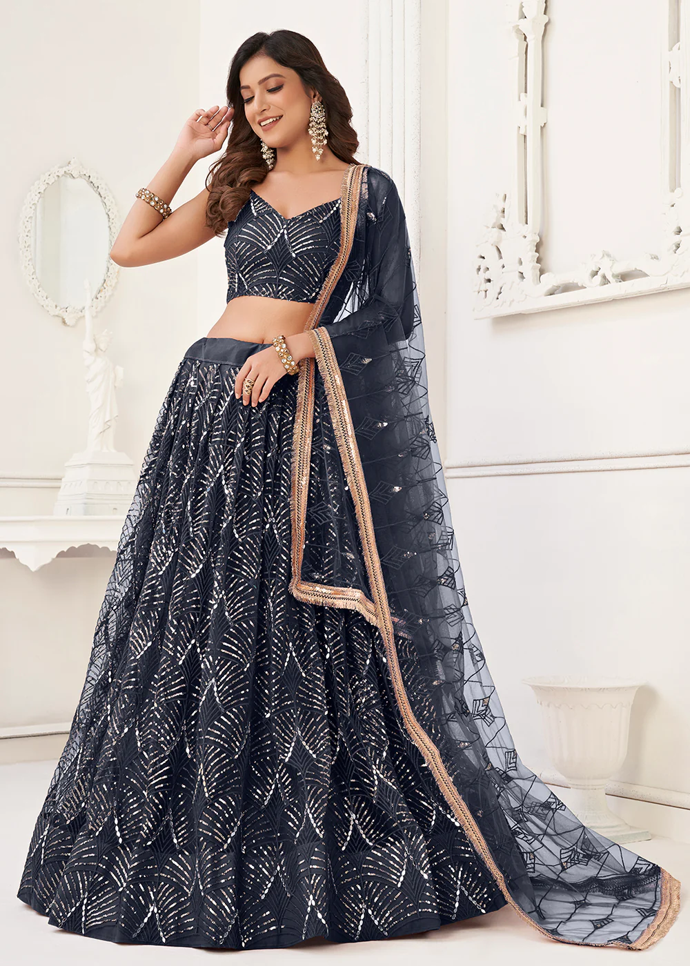 Embroidered Net Midnight Blue Sangeet & Wedding Wear Lehenga Choli - Image 5