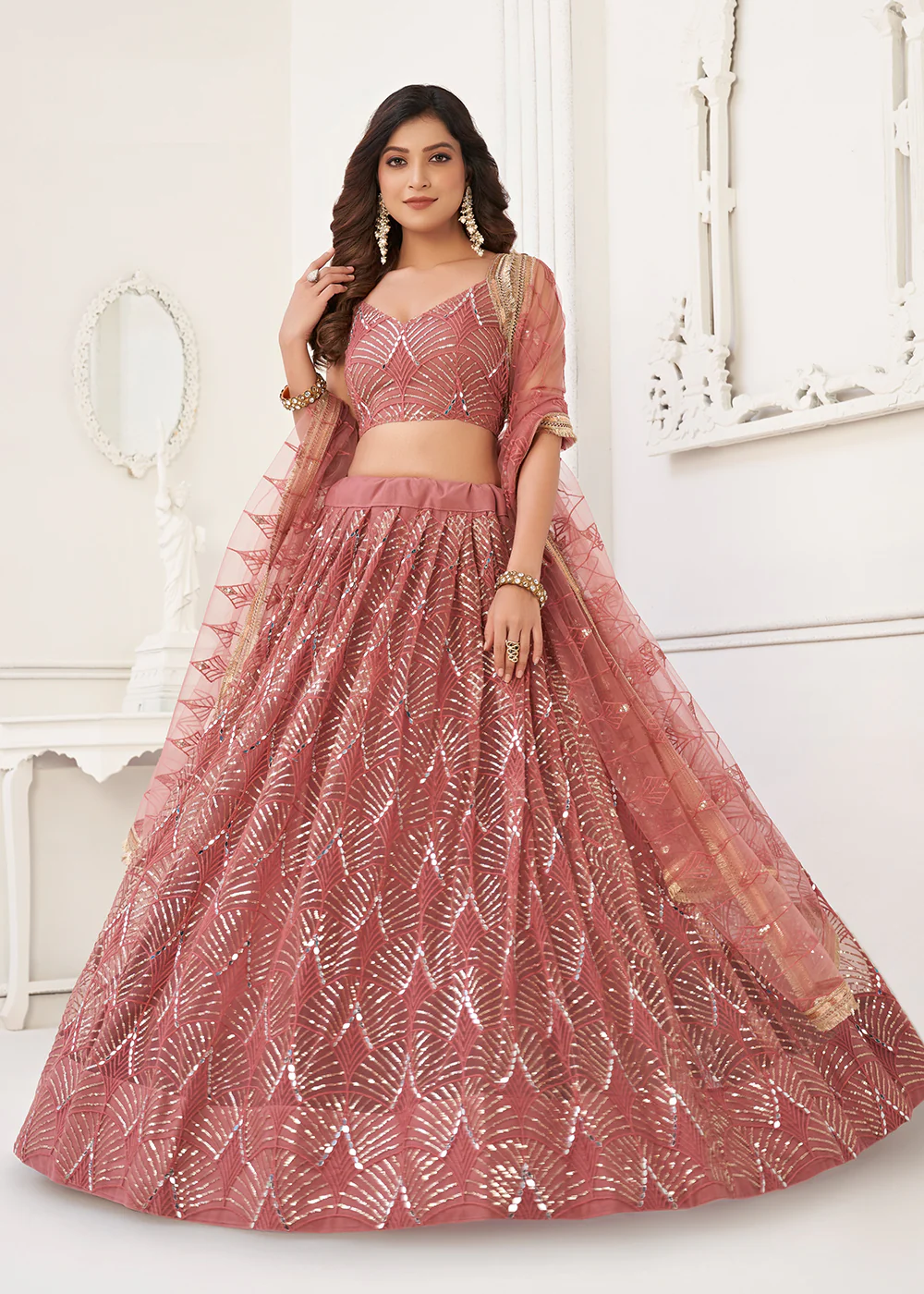 Embroidered Net Pink Sangeet & Wedding Wear Lehenga Choli - Image 4