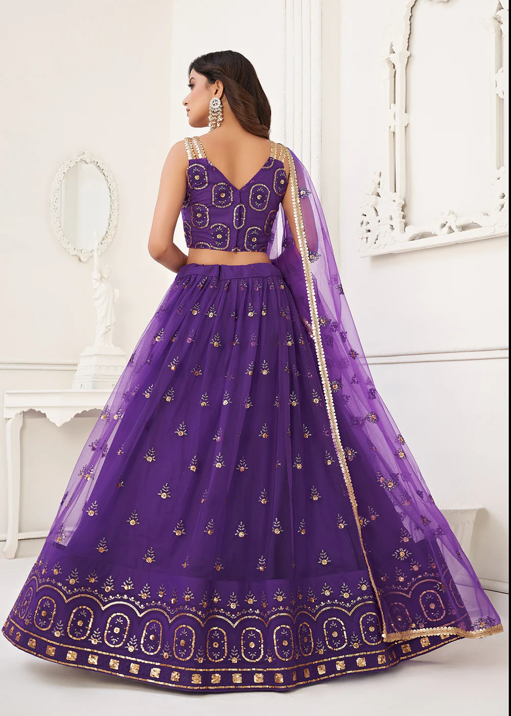 Embroidered Net Purple Sangeet & Wedding Wear Lehenga Choli - Image 3