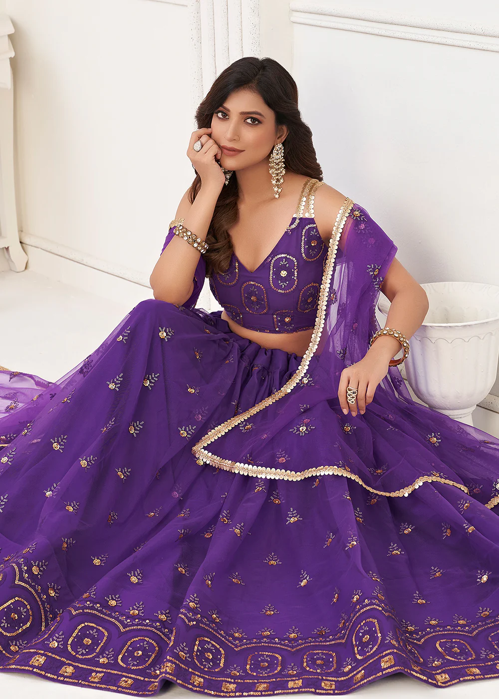 Embroidered Net Purple Sangeet & Wedding Wear Lehenga Choli - Image 4