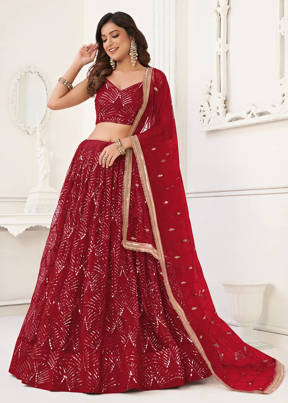 Embroidered Net Ruby Red Sangeet & Wedding Wear Lehenga Choli - Image 5