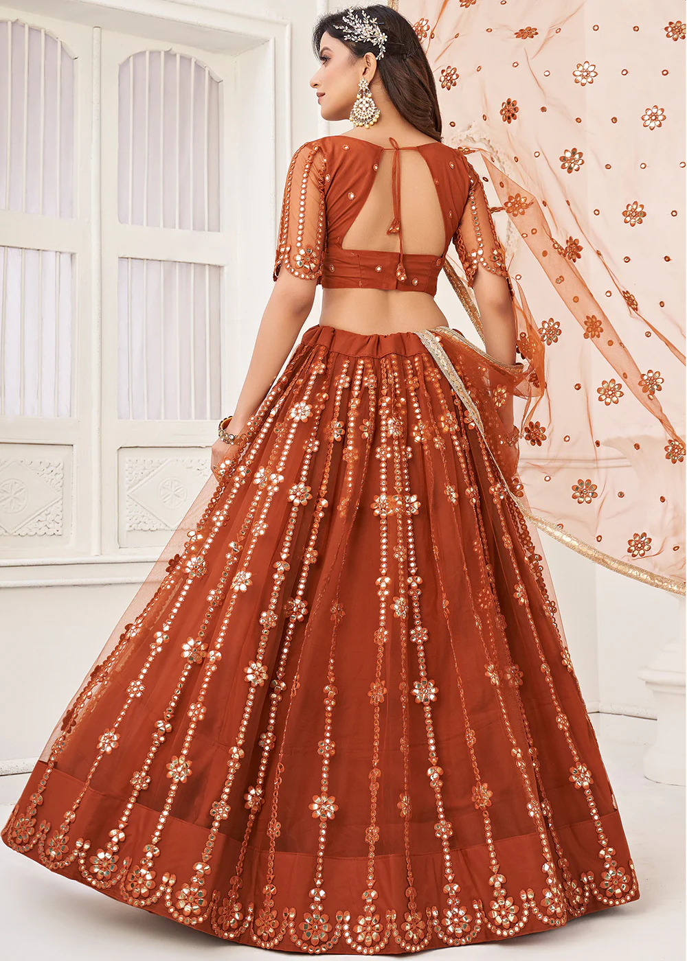 Embroidered Net Rust Sangeet & Wedding Wear Lehenga Choli - Image 3