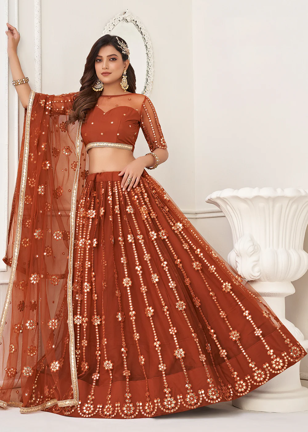 Embroidered Net Rust Sangeet & Wedding Wear Lehenga Choli - Image 4