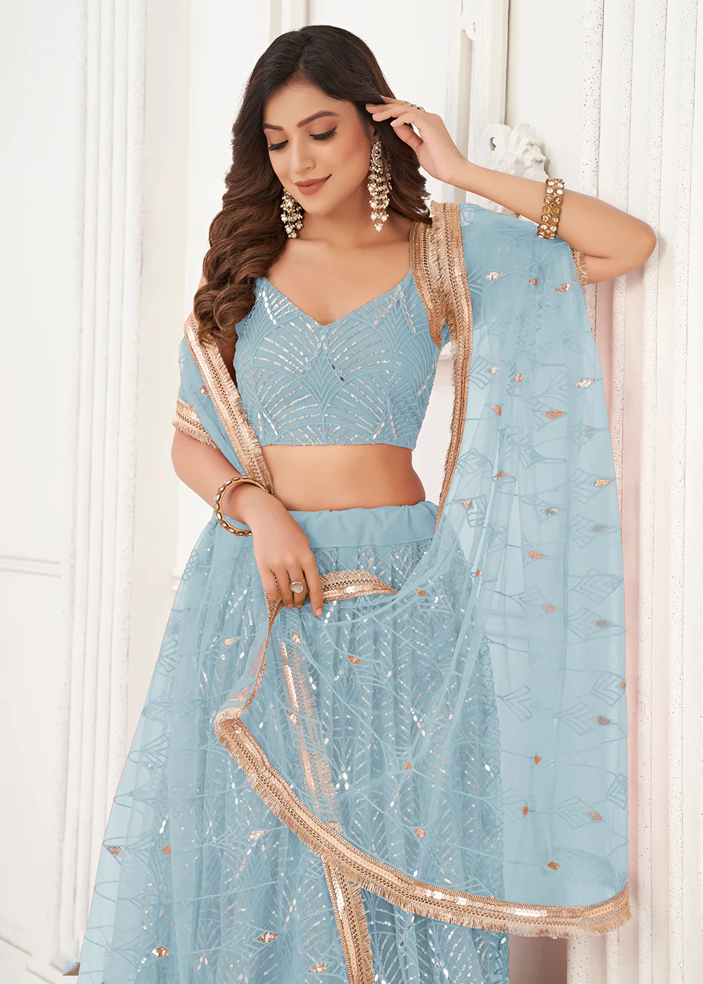 Embroidered Net Sky Blue Sangeet & Wedding Wear Lehenga Choli - Image 2