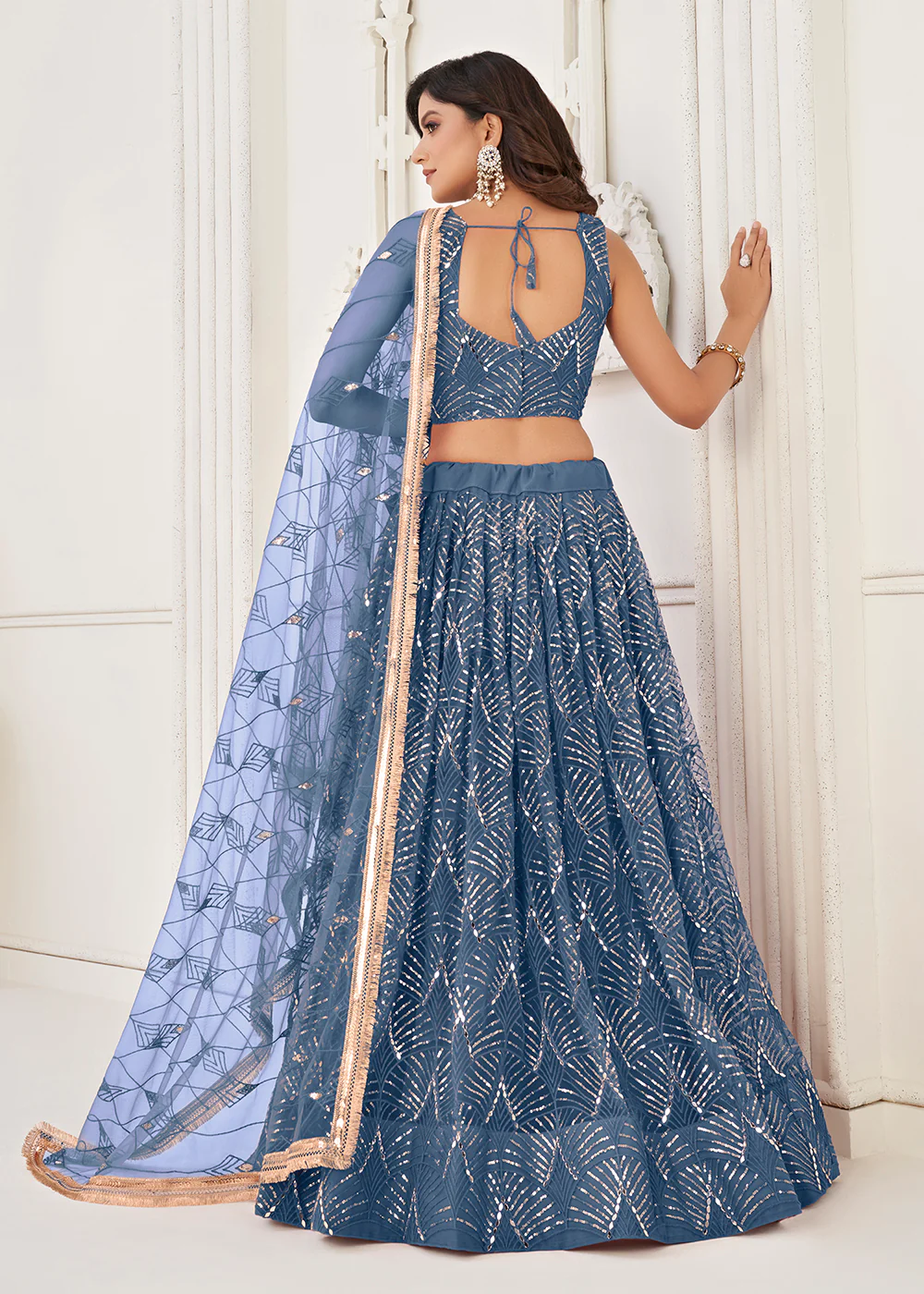 Embroidered Net Stone Blue Sangeet & Wedding Wear Lehenga Choli - Image 3
