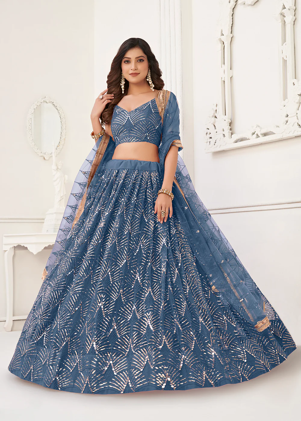 Embroidered Net Stone Blue Sangeet & Wedding Wear Lehenga Choli - Image 4