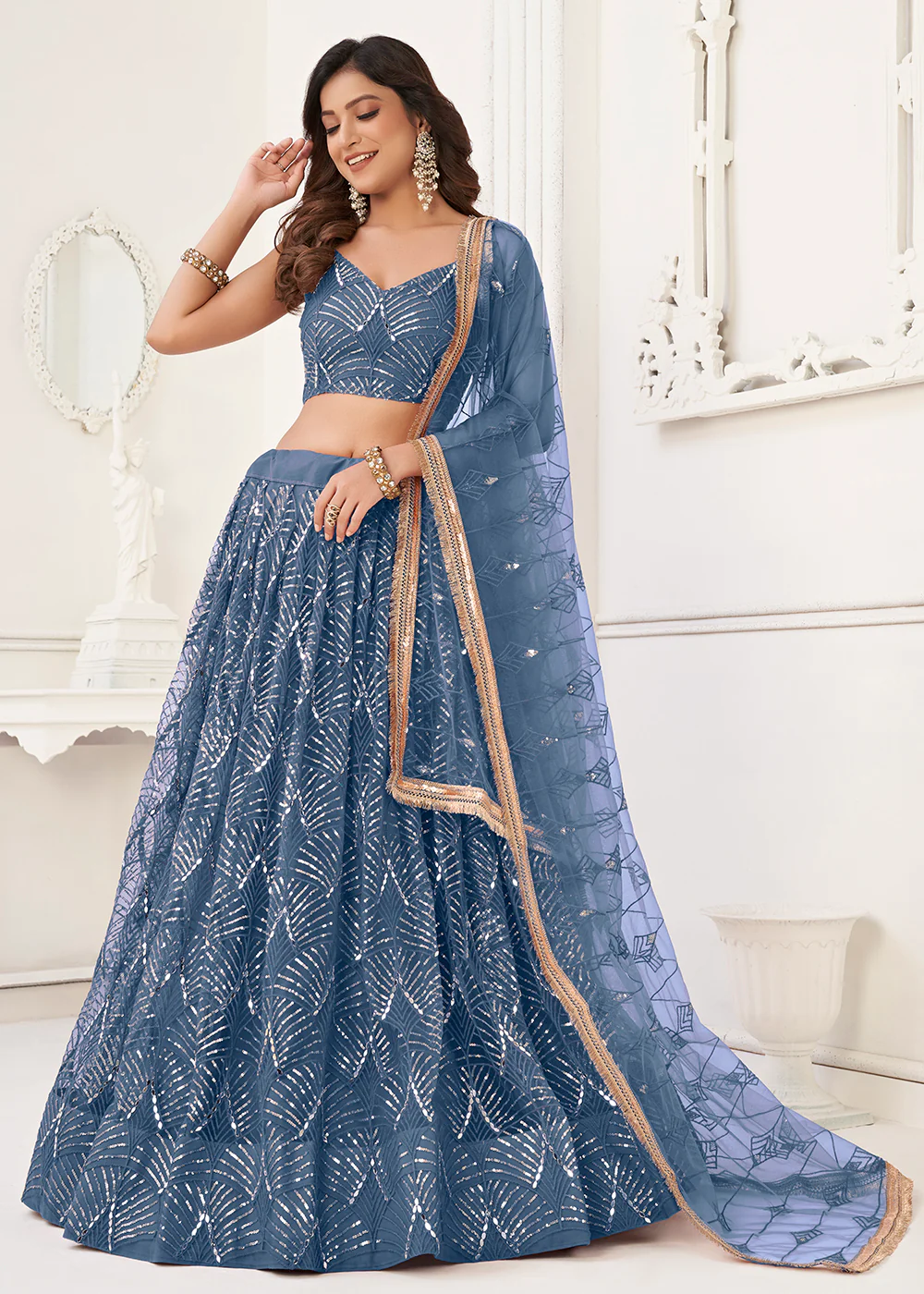 Embroidered Net Stone Blue Sangeet & Wedding Wear Lehenga Choli - Image 5