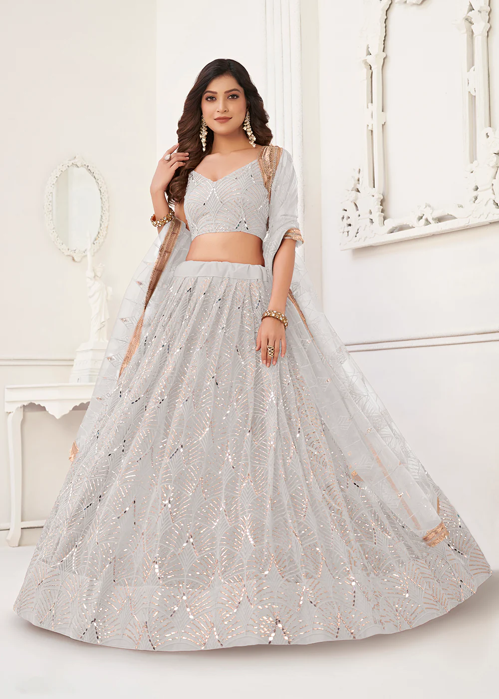 Embroidered Net White Sangeet & Wedding Wear Lehenga Choli - Image 4