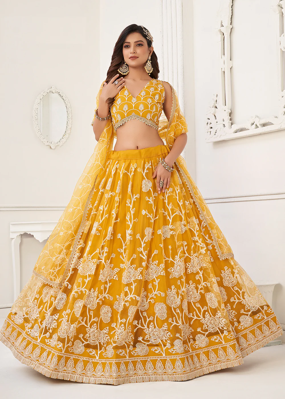 Embroidered Net Yellow Sangeet & Haldi Wear Lehenga Choli - Image 4