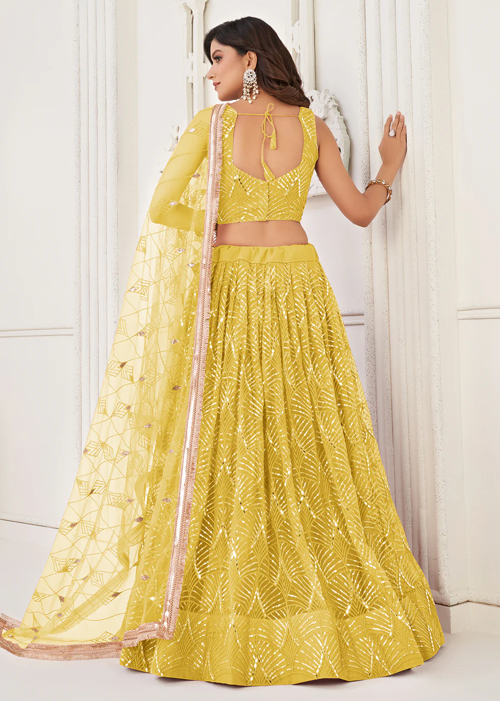 Embroidered Net Yellow Sangeet & Wedding Wear Lehenga Choli - Image 3