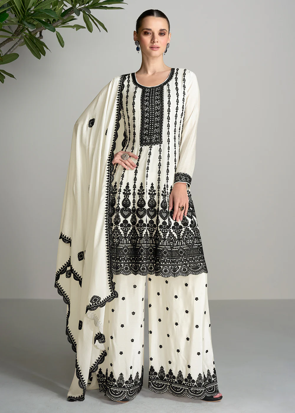 Embroidered Off White Chinnon Wedding Festive Palazzo Suit