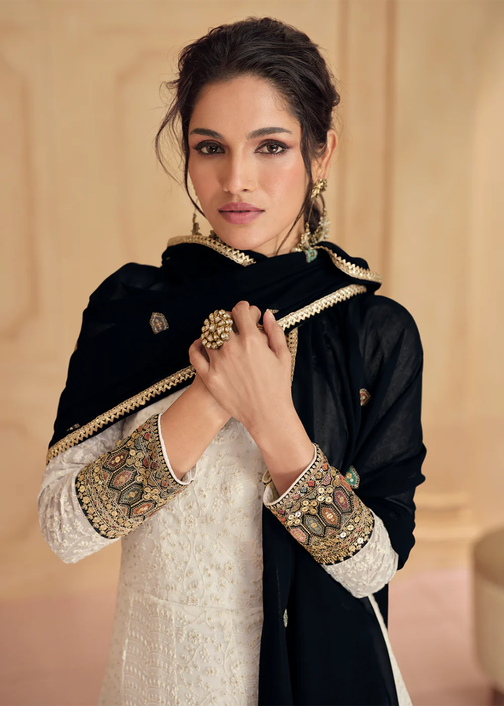 Embroidered Off White Real Georgette Pretty Anarkali Gown - Image 2