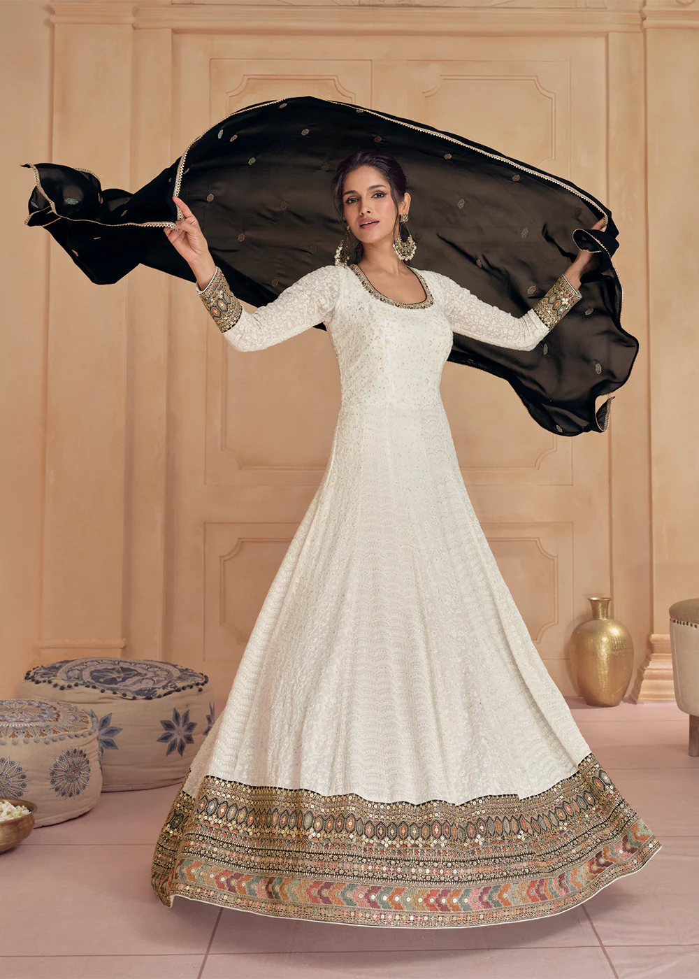 Embroidered Off White Real Georgette Pretty Anarkali Gown - Image 3