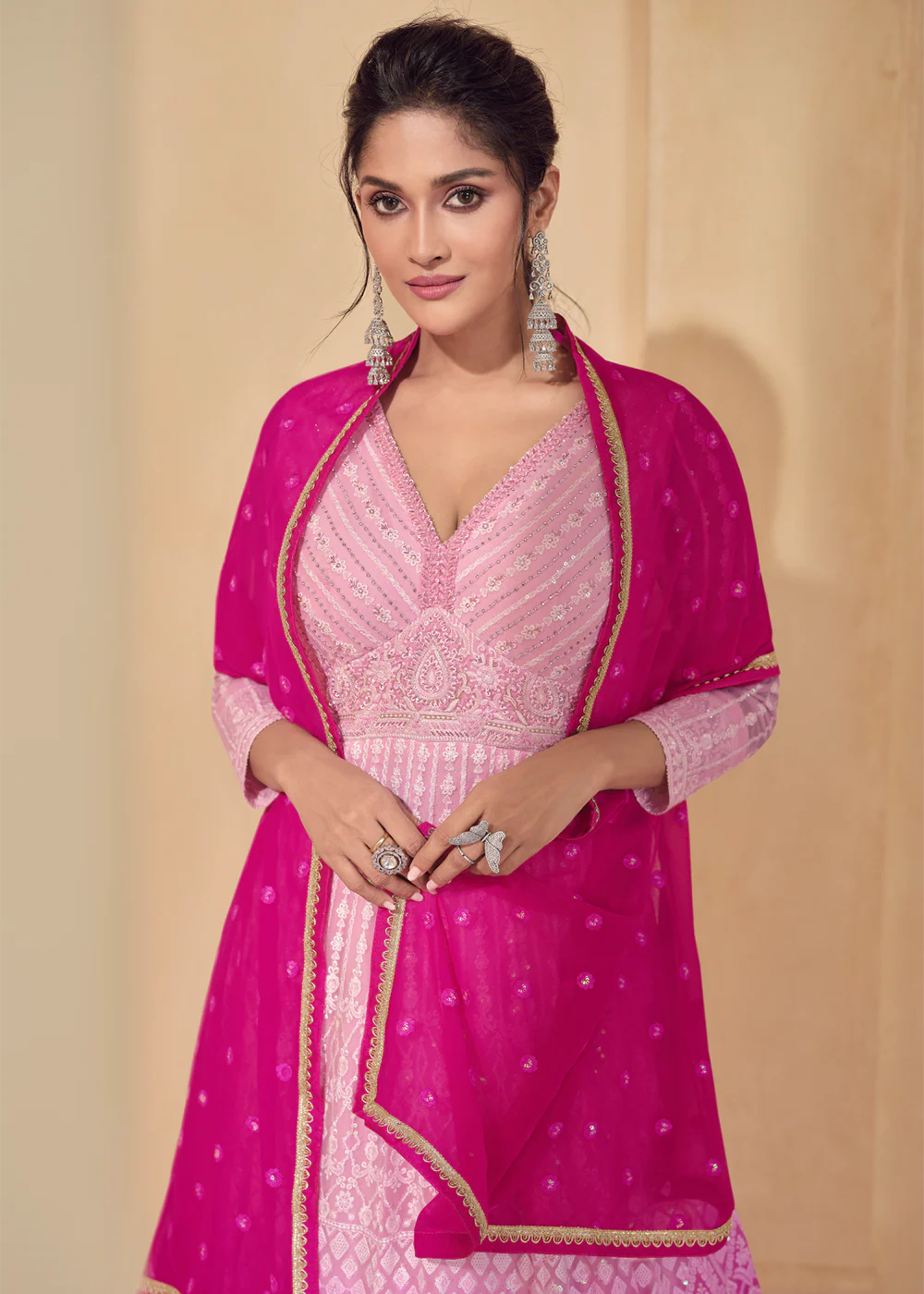 Embroidered Ombre Pink Real Georgette Pretty Anarkali Gown - Image 2