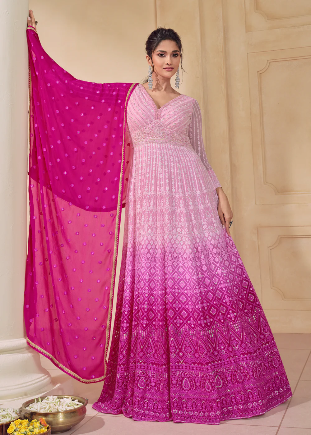 Embroidered Ombre Pink Real Georgette Pretty Anarkali Gown - Image 3