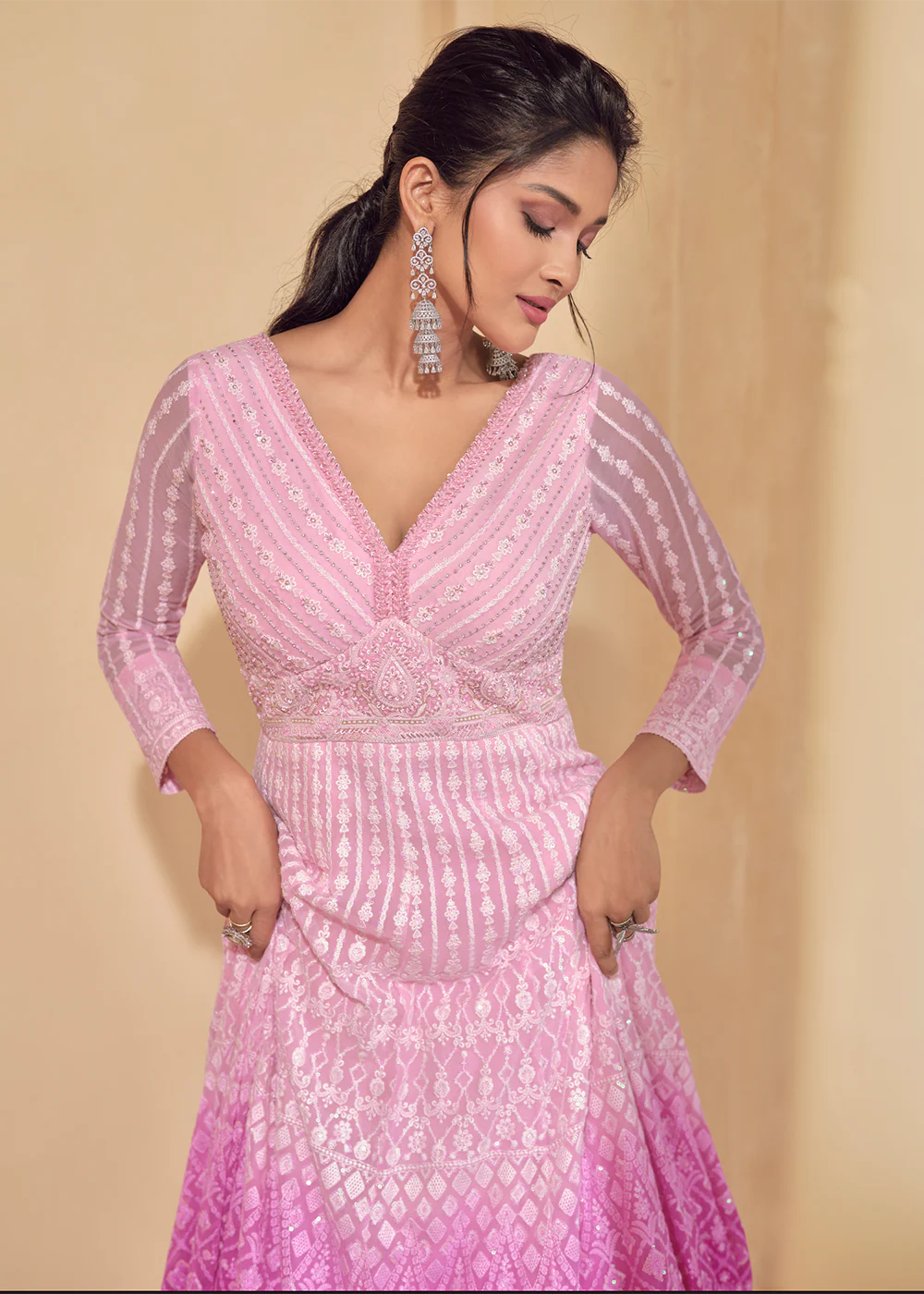 Embroidered Ombre Pink Real Georgette Pretty Anarkali Gown - Image 4