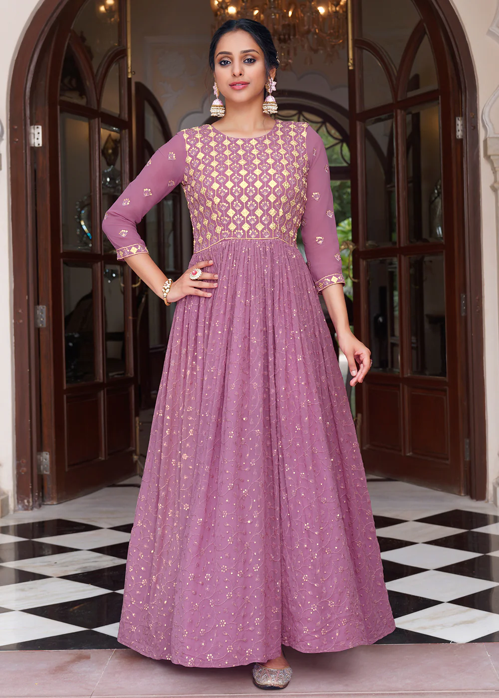 Embroidered Pink Lavender Function Wear Anarkali Gown