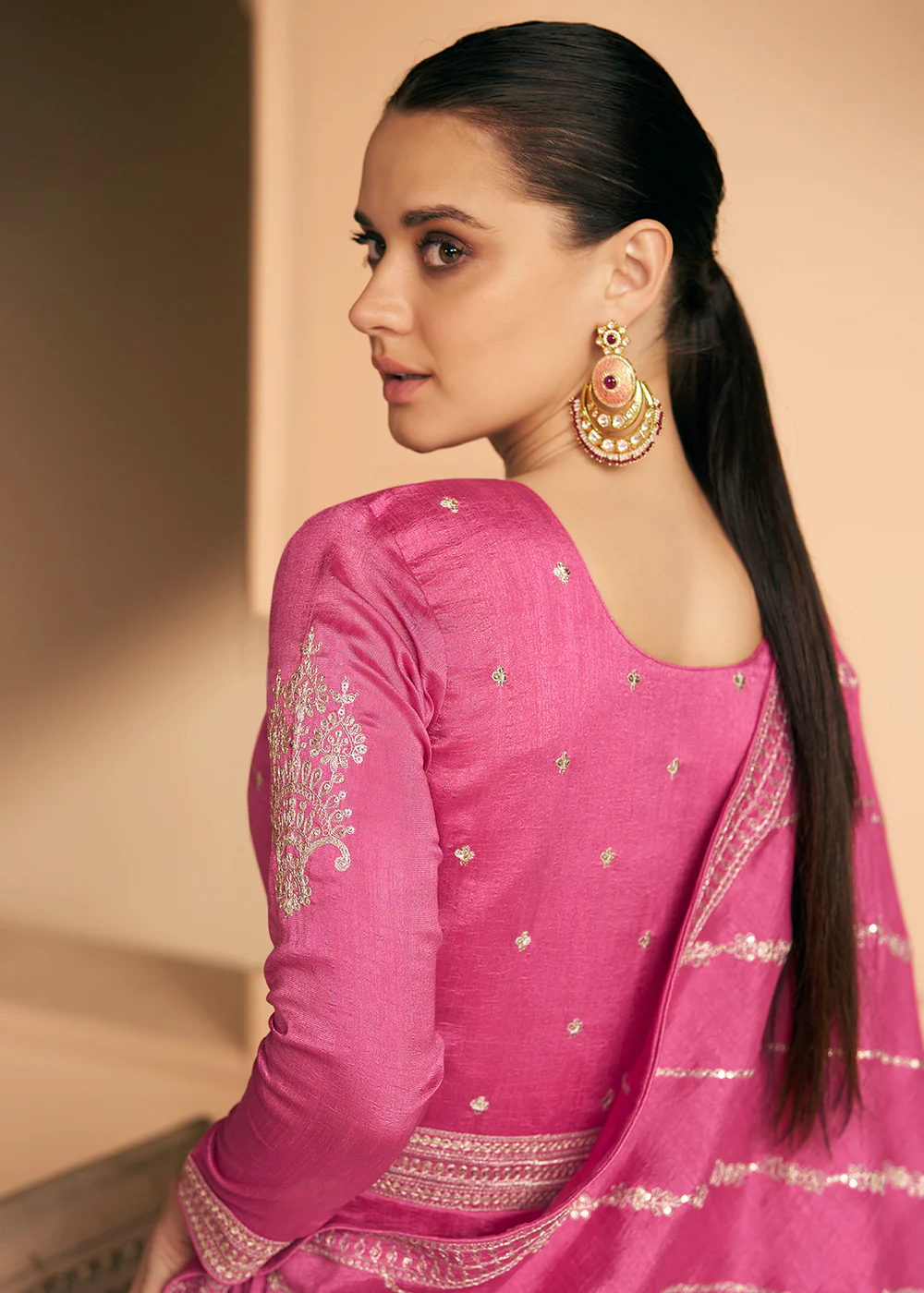 Embroidered Pink Premium Silk Sangeet Wear Anarkali Suit - Image 3