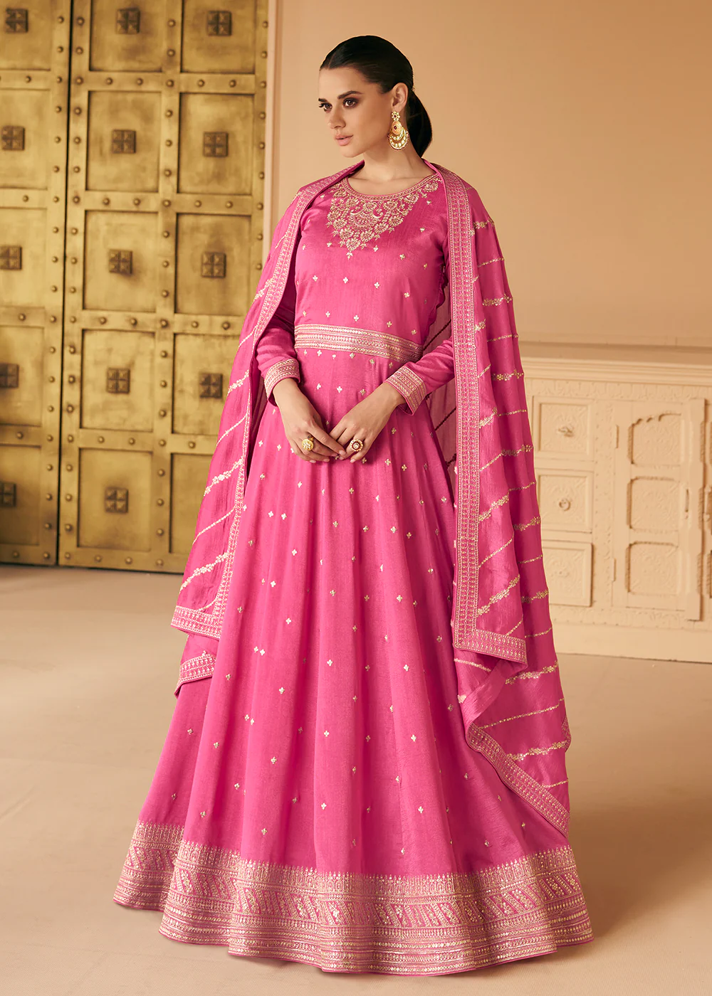Embroidered Pink Premium Silk Sangeet Wear Anarkali Suit - Image 4