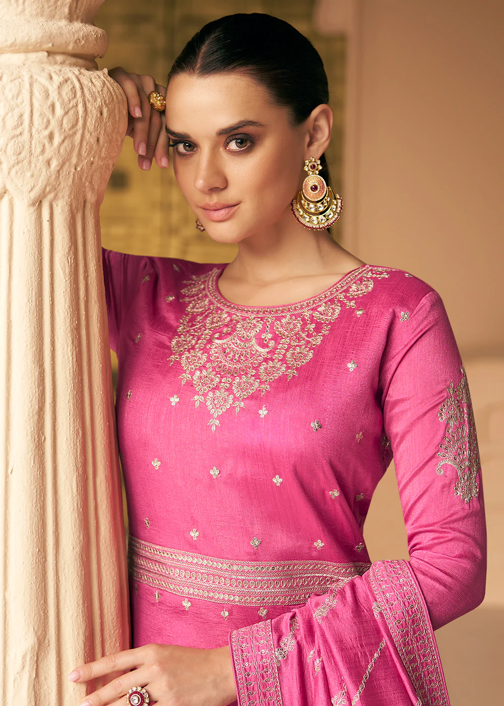 Embroidered Pink Premium Silk Sangeet Wear Anarkali Suit - Image 5