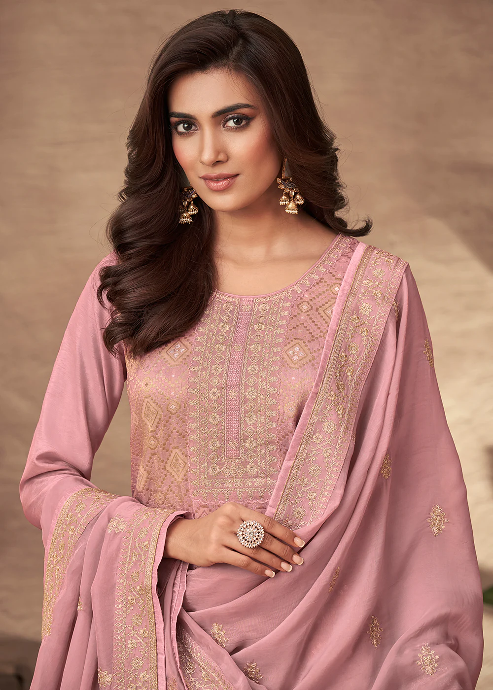 Embroidered Pink Viscose Jacquard Pant Style Salwar Suit - Image 2