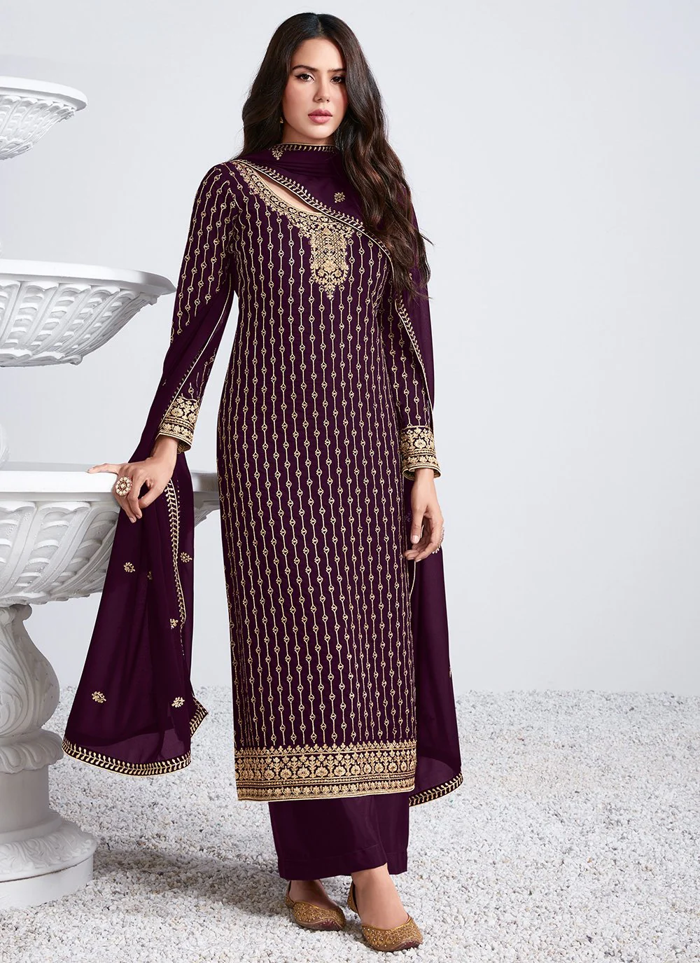 Embroidered Plum Wine Georgette Palazzo Suit - Image 3
