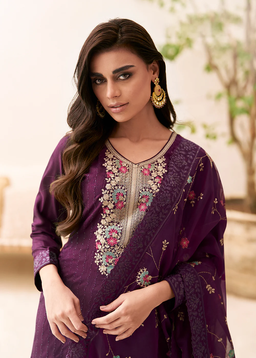 Embroidered Purple Dola Silk Festive Style Salwar Suit - Image 2