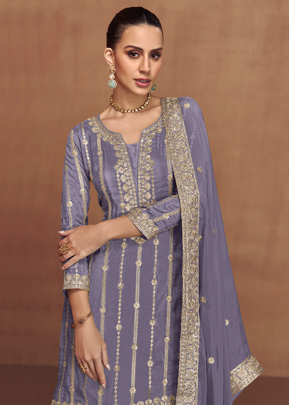 Embroidered Real Shimmer Silk Lavender Palazzo Style Suit - Image 2