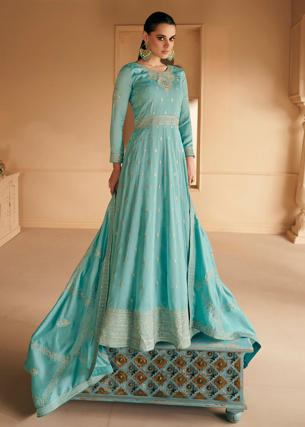 Embroidered Sea Green Premium Silk Sangeet Wear Anarkali Suit - Image 3