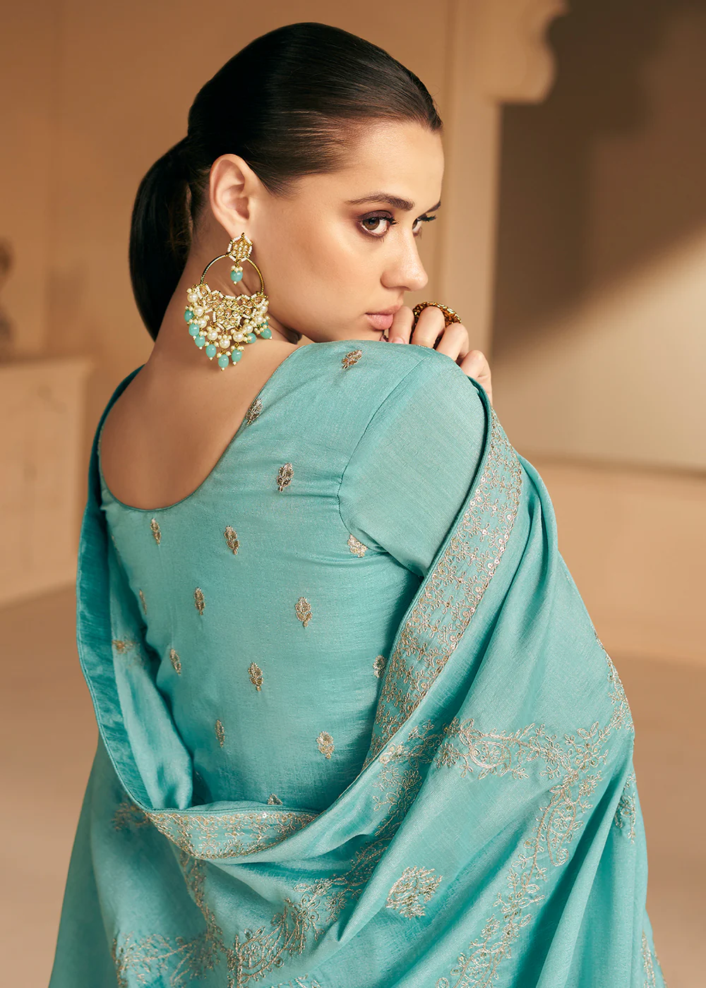 Embroidered Sea Green Premium Silk Sangeet Wear Anarkali Suit - Image 4