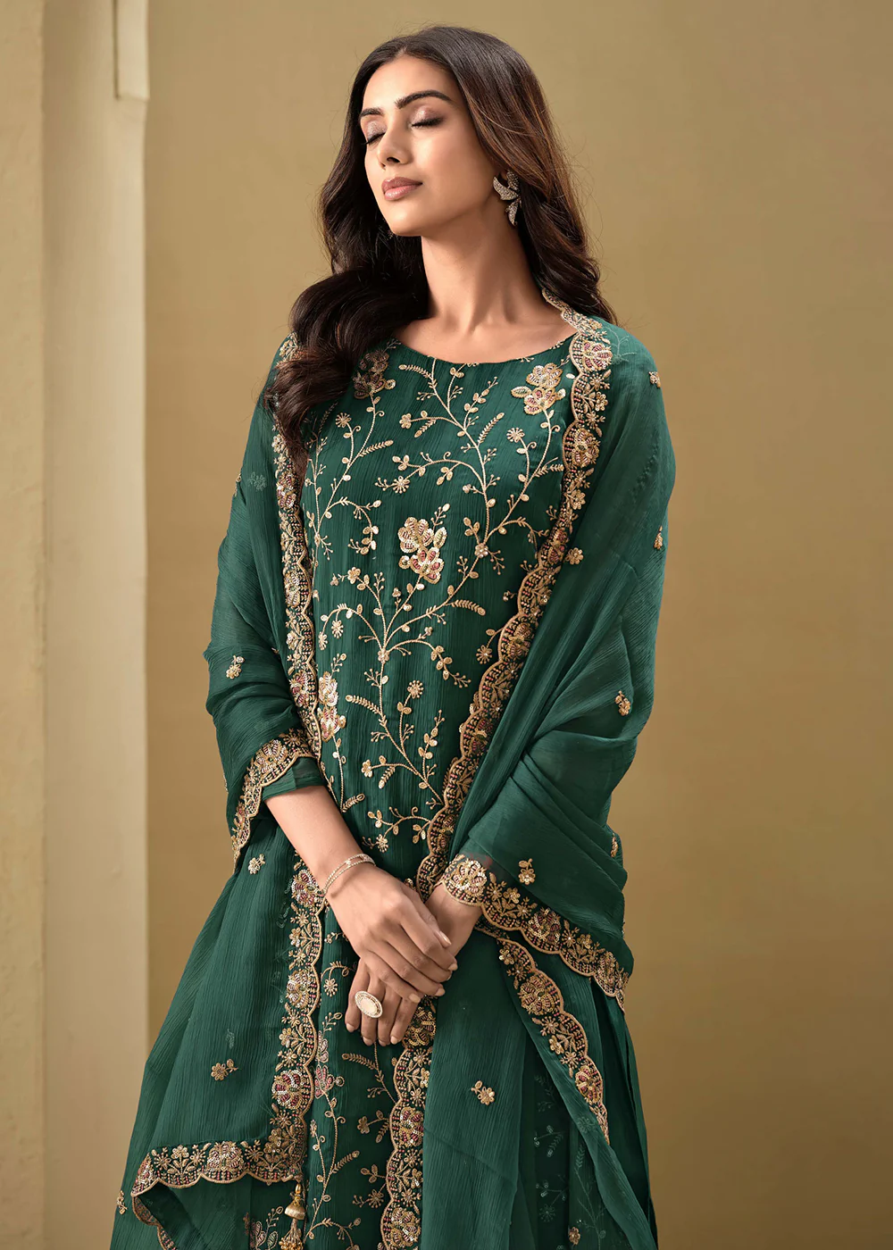 Embroidered Sequins Dark Green Organza Pant Style Suit - Image 2